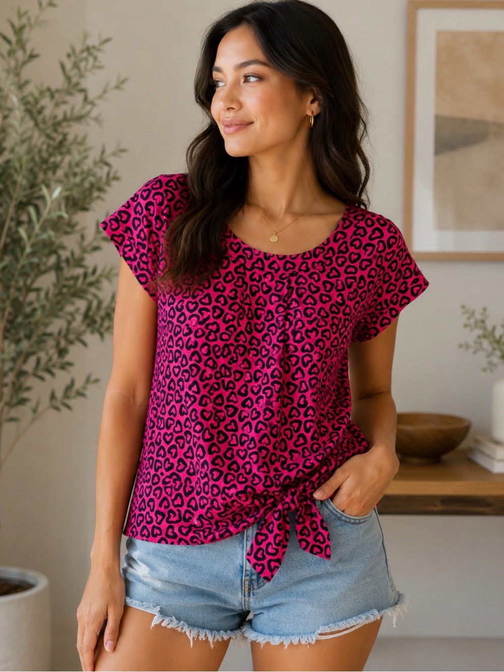 Marc Jacobs Fuchsia Pink Heart-Print Tie-Front Blouse